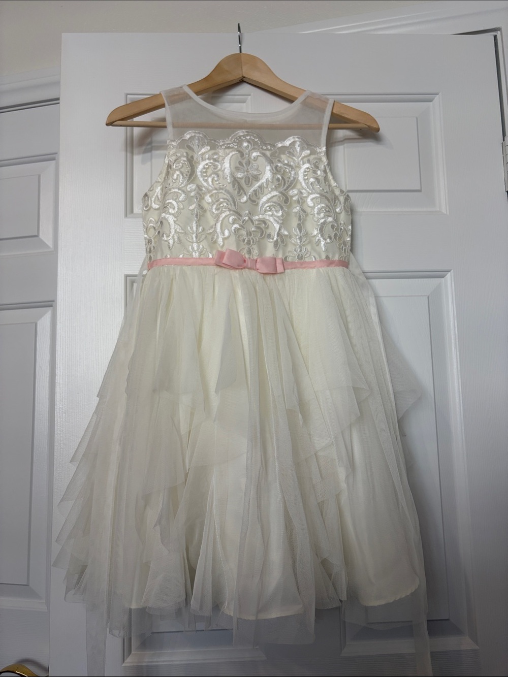 Jona Michelle Ivory Tulle Party Dress with Pink Waist Bow